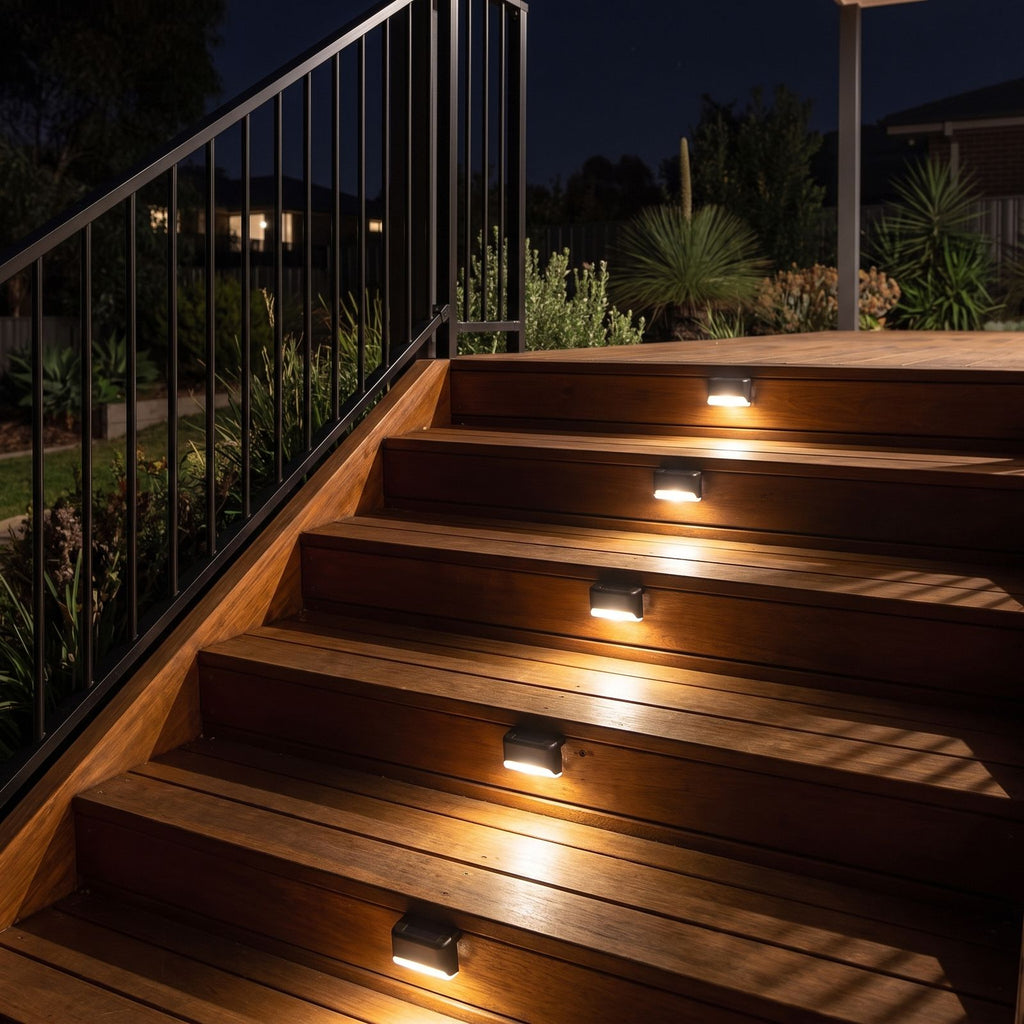 Low profile solar lights on the risers of a timber deck staircase