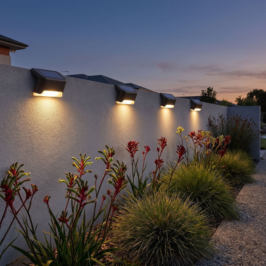 Low profile solar lights along the top of a garden wall