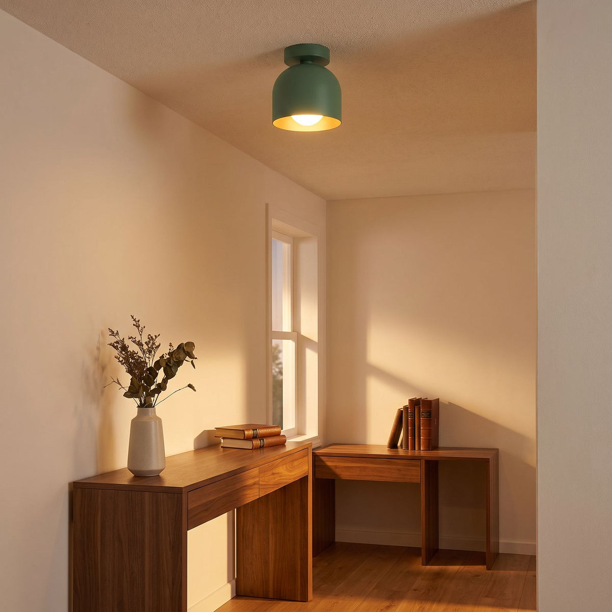 Macaron Glass Flush Wall and Ceiling Light in a hallway above a timber console