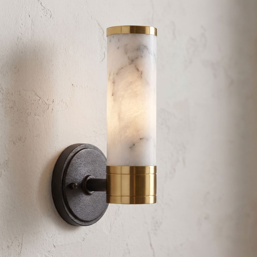 Marble and Cast Iron Up Down Wall Sconce, close view at 45 degrees on a plaster wall