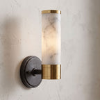 Marble and Cast Iron Up Down Wall Sconce, close view at 45 degrees on a plaster wall