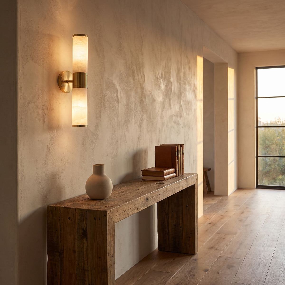 Marble and Cast Iron Up Down Wall Sconce in a hallway above a timber console