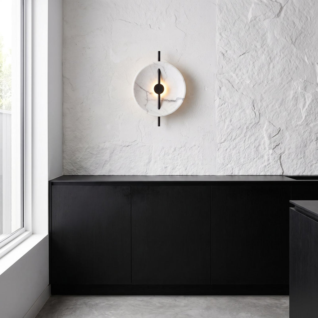 Marble Disc and Black Bar Wall Light on a kitchen wall
