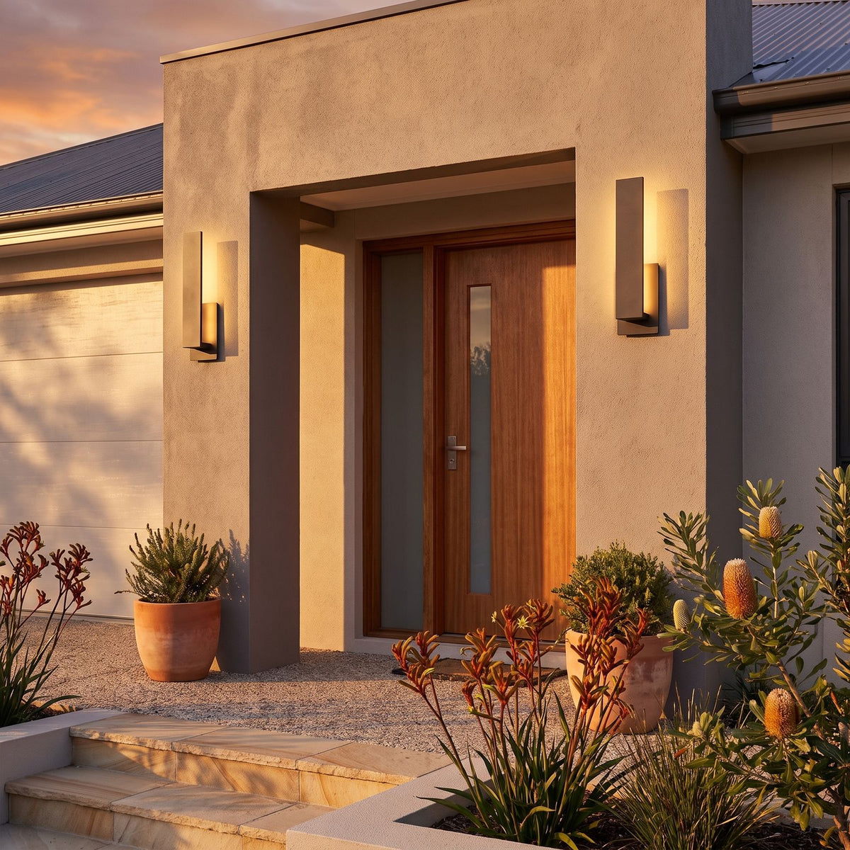 Matte Black Aluminium Lantern Outdoor Wall Light in a pair on the facade of an Australian home