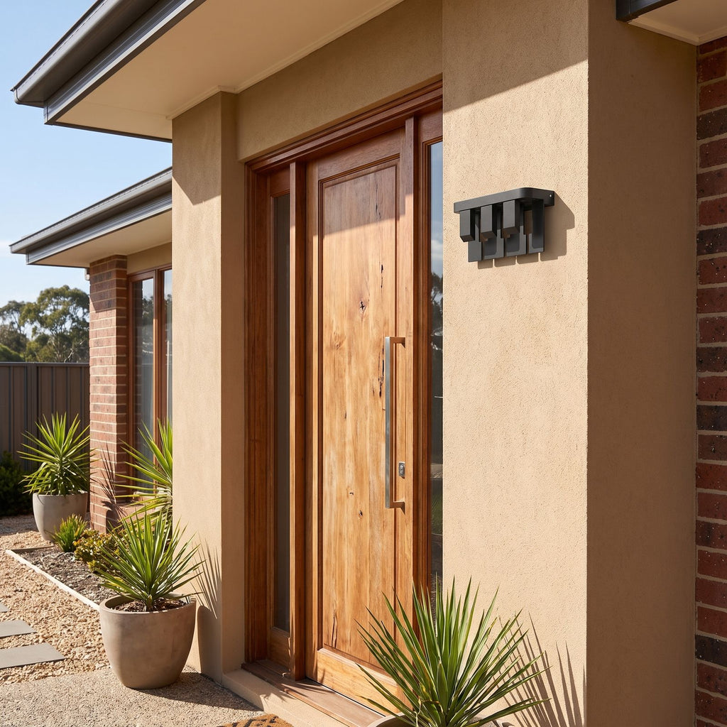 Matte Black Metal Outdoor Wall Light beside a timber front door