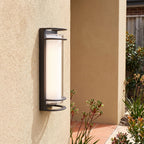 Metal and Acrylic Courtyard Outdoor Wall Light beside a timber front door
