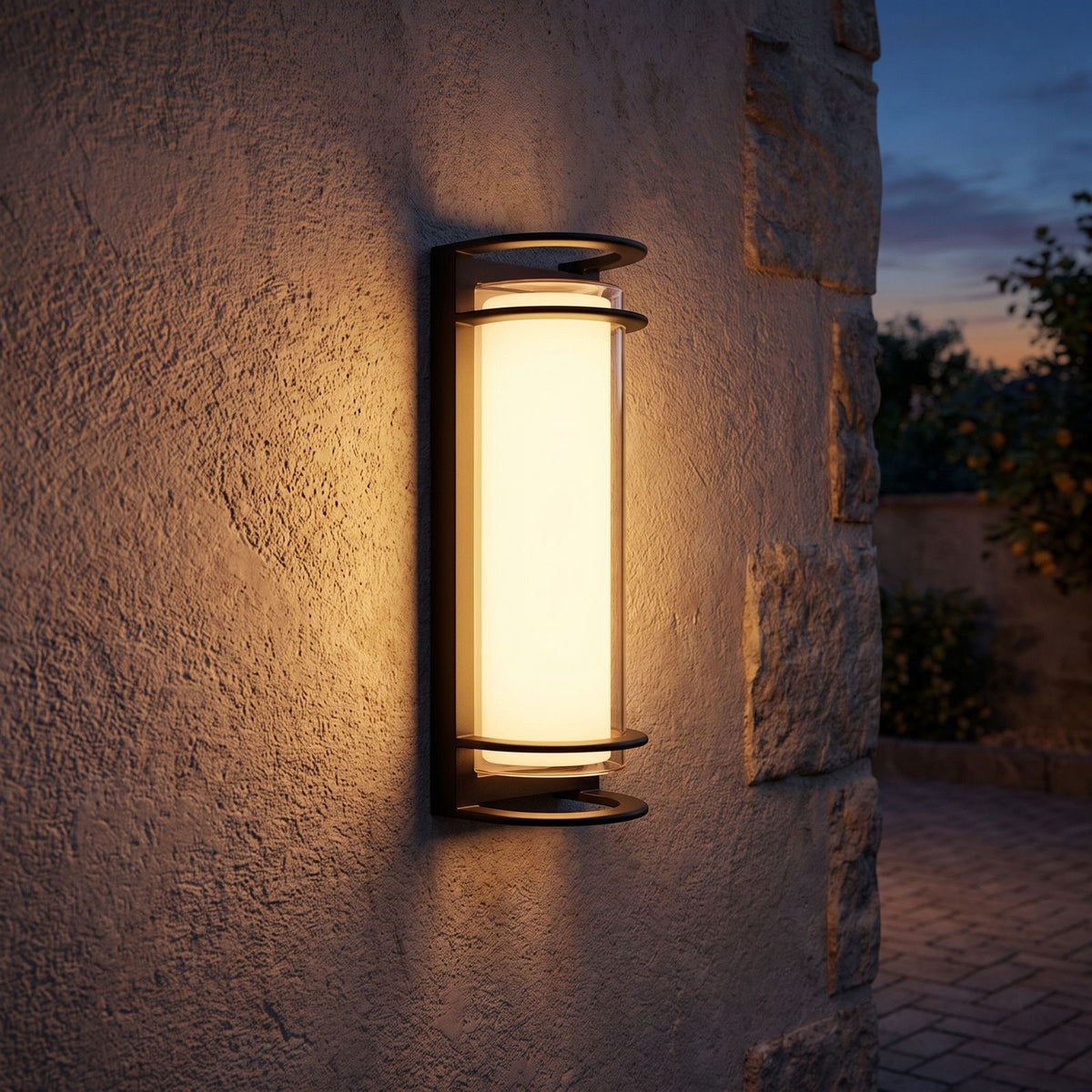 Metal and Acrylic Courtyard Outdoor Wall Light on a porch wall at dusk