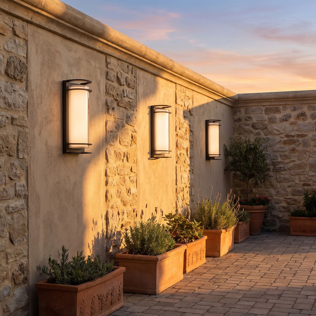 Metal and Acrylic Courtyard Outdoor Wall Light in a pair on the facade of an Australian home