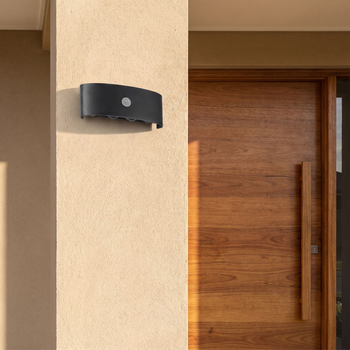 Metal and Acrylic Up Down Outdoor Wall Light beside a timber front door
