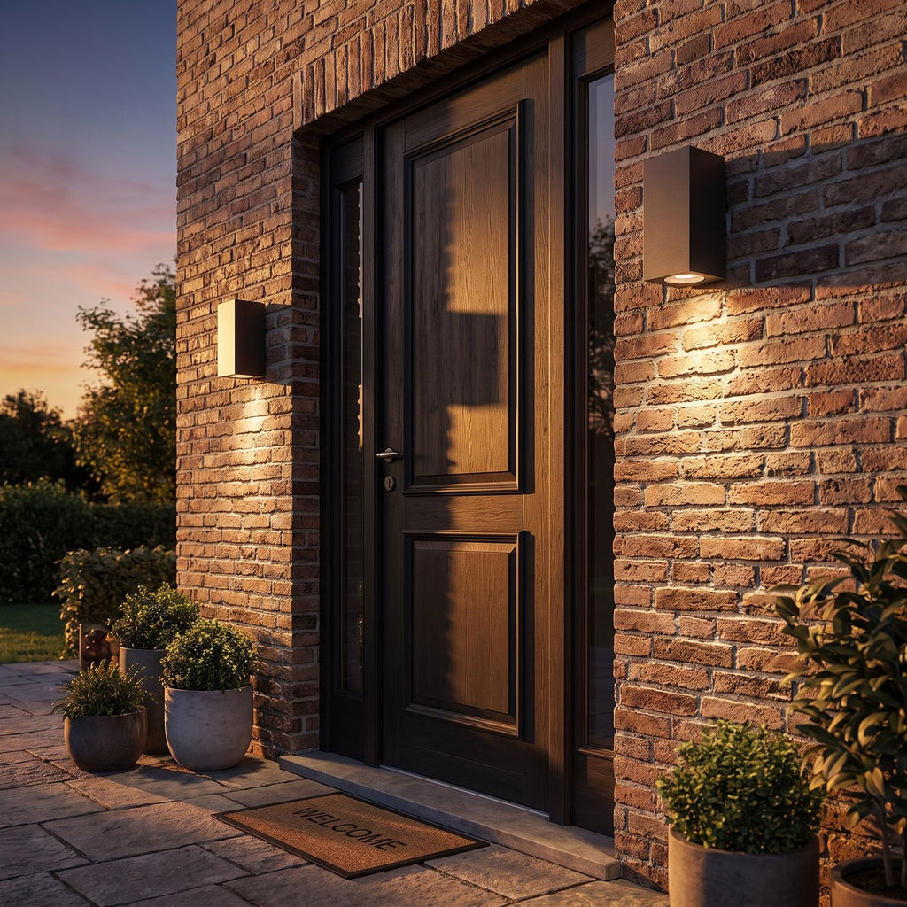 Metal and Glass GU10 Outdoor Wall Light in a pair on the facade of an Australian home