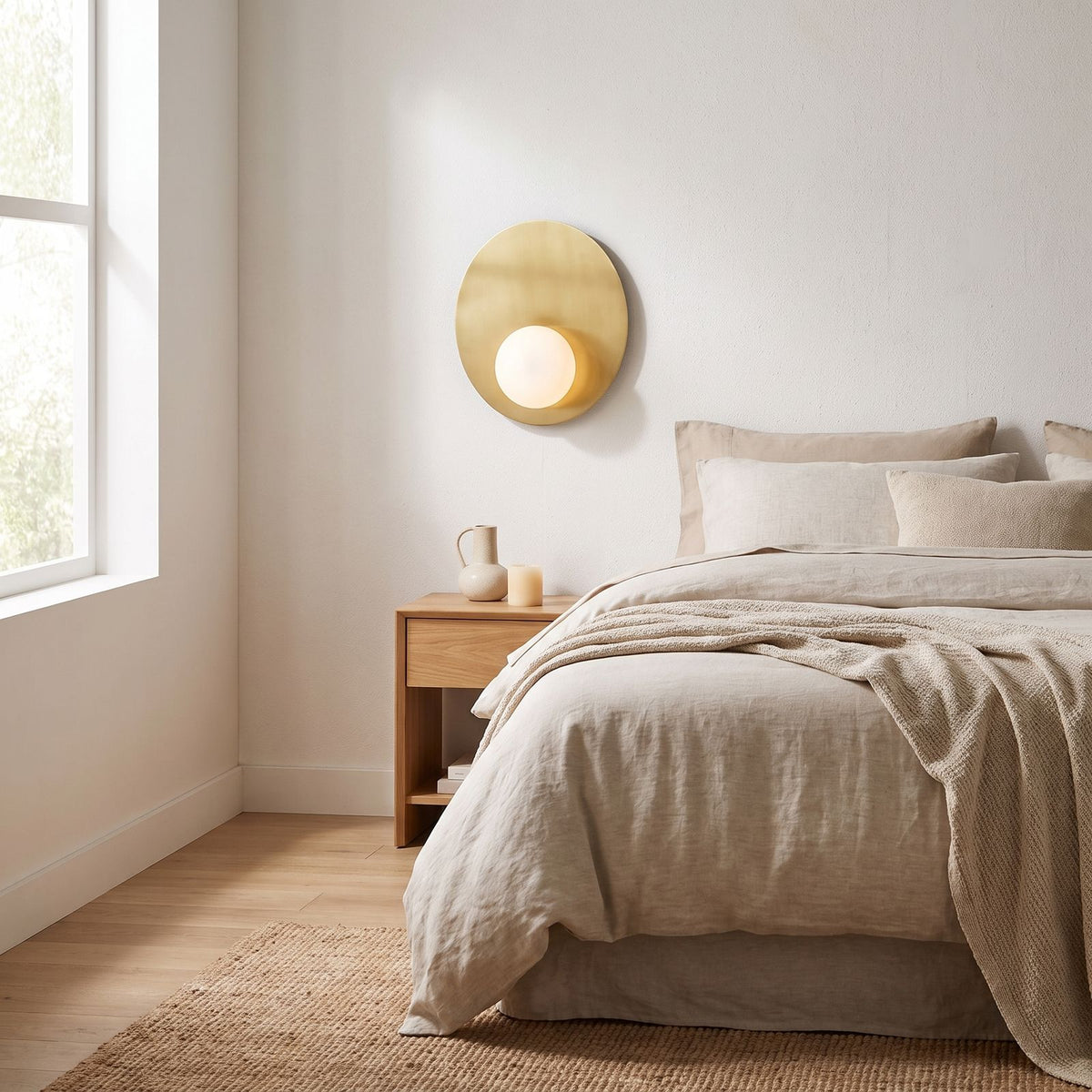 Metal Disc and Opal Glass Wall and Ceiling Light on a bedroom wall beside the bed