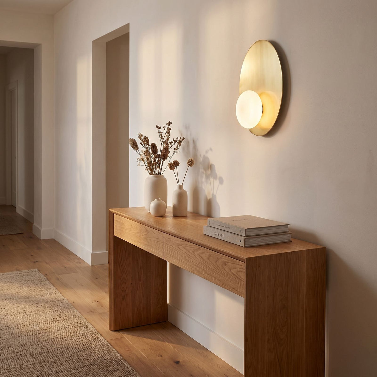 Metal Disc and Opal Glass Wall and Ceiling Light in a hallway above a timber console