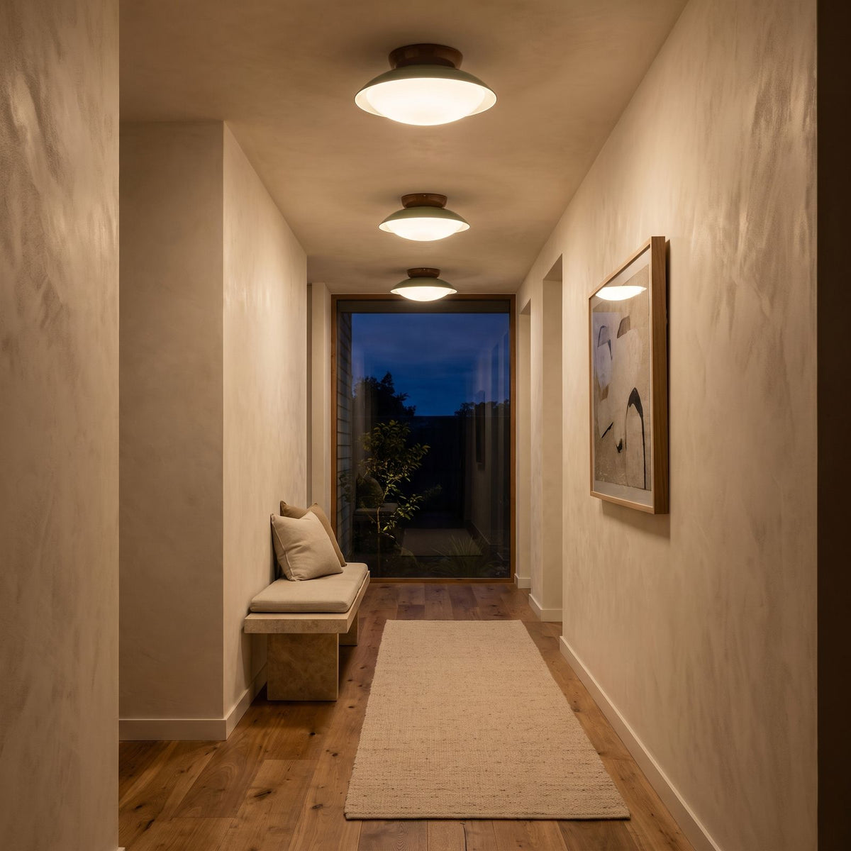 Mid-Century Metal Dome LED Ceiling Lights along a hallway ceiling