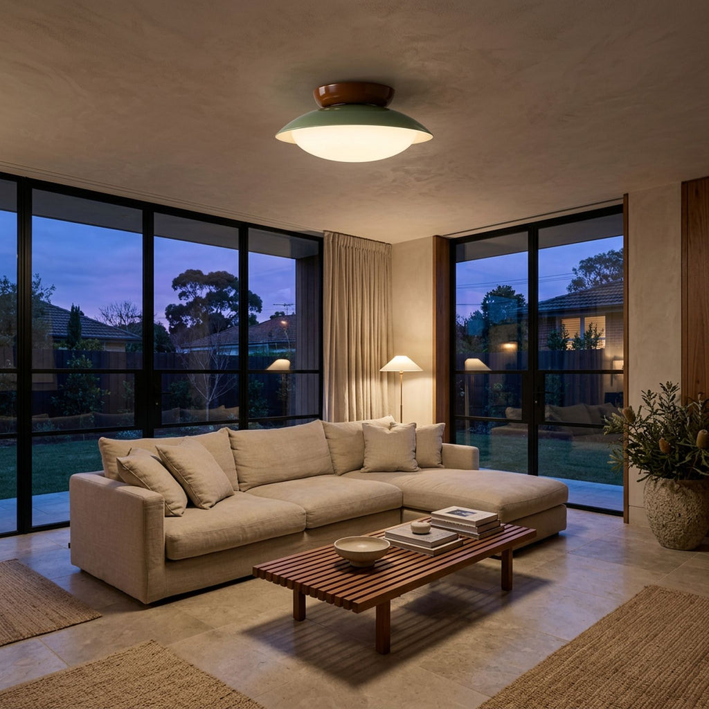 Mid-Century Metal Dome LED Ceiling Light on a living room ceiling