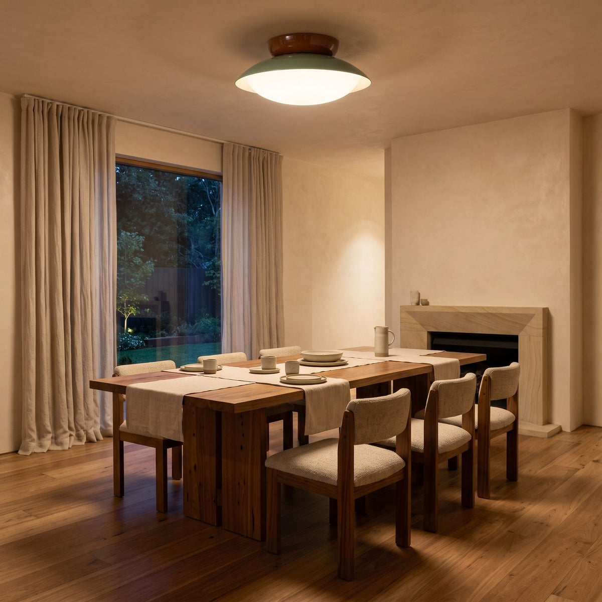 Mid-Century Metal Dome LED Ceiling Light above a dining area