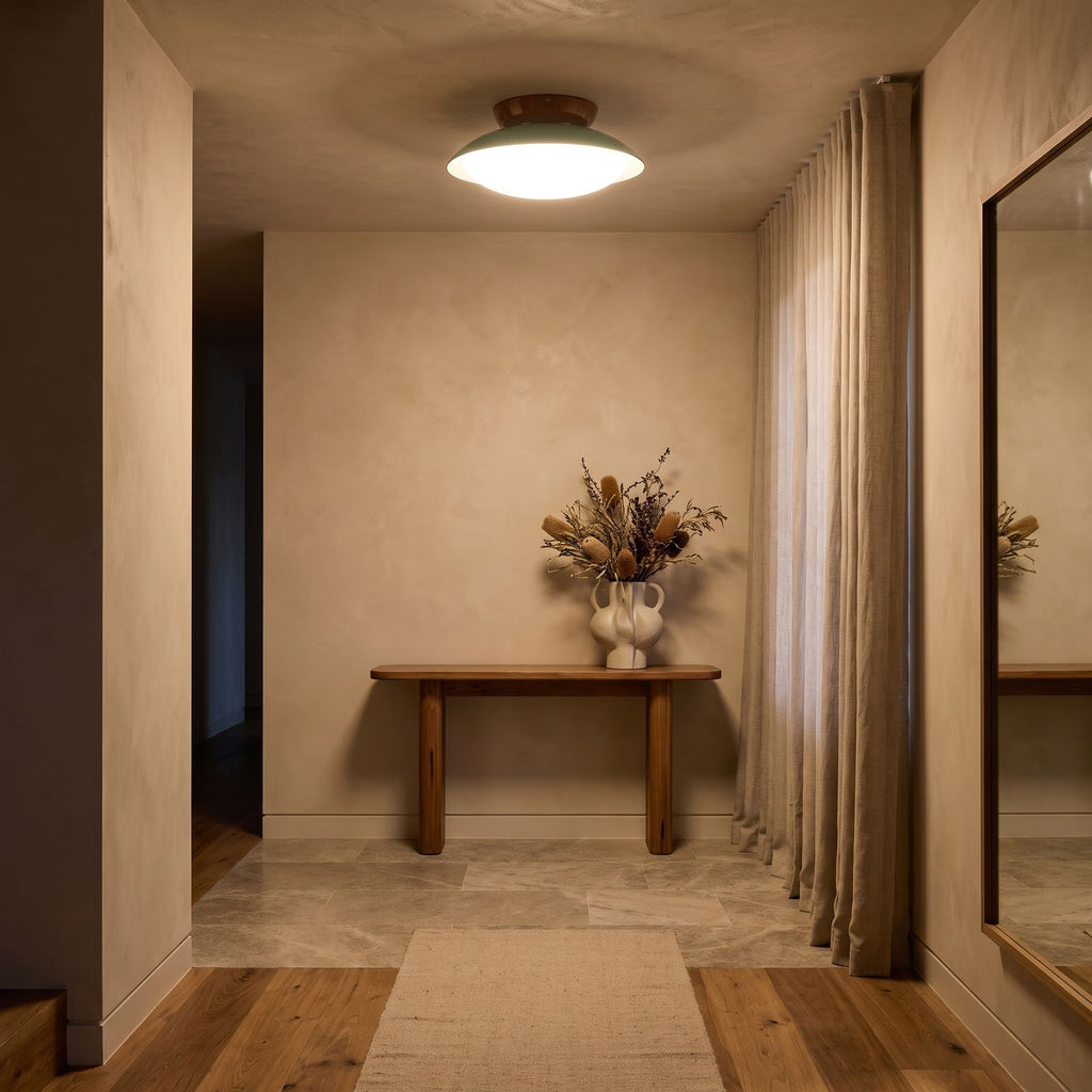 Mid-Century Metal Dome LED Ceiling Light in an entry foyer