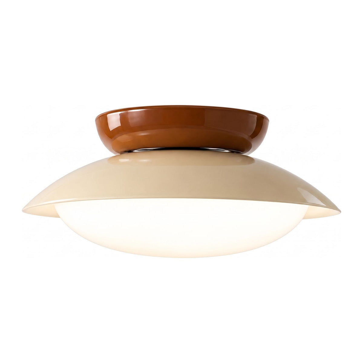 Mid-Century Metal Dome LED Ceiling Light in beige on a white background