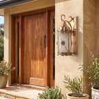 Middle Eastern Style Brass Lantern Outdoor Wall Light beside a timber front door