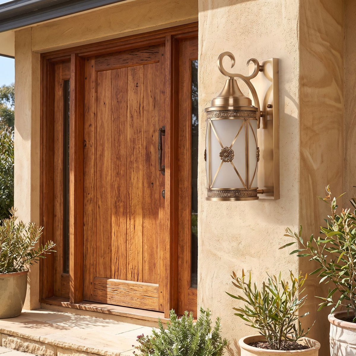 Middle Eastern Style Brass Lantern Outdoor Wall Light beside a timber front door