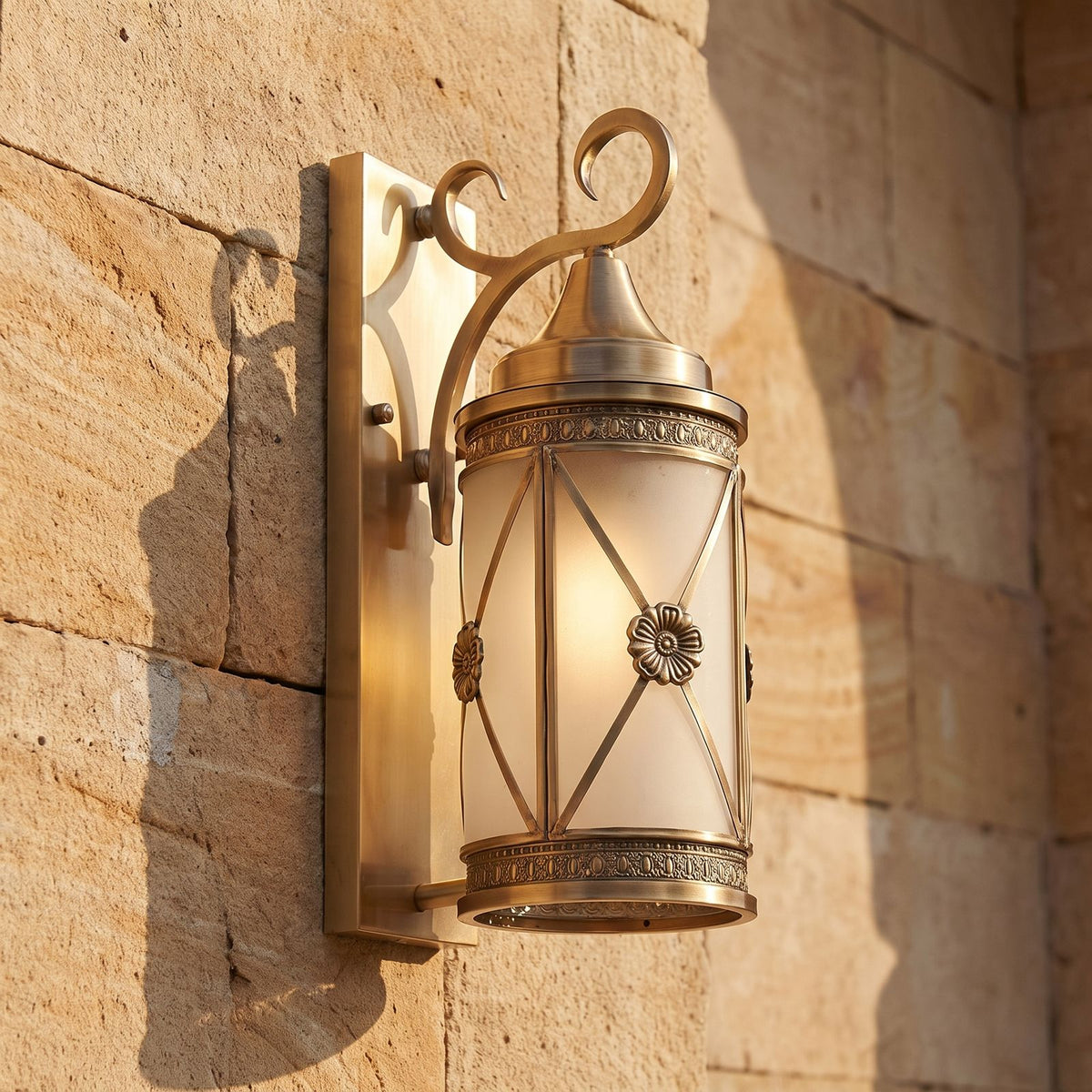 Middle Eastern Style Brass Lantern Outdoor Wall Light, close view at 45 degrees on a stone wall
