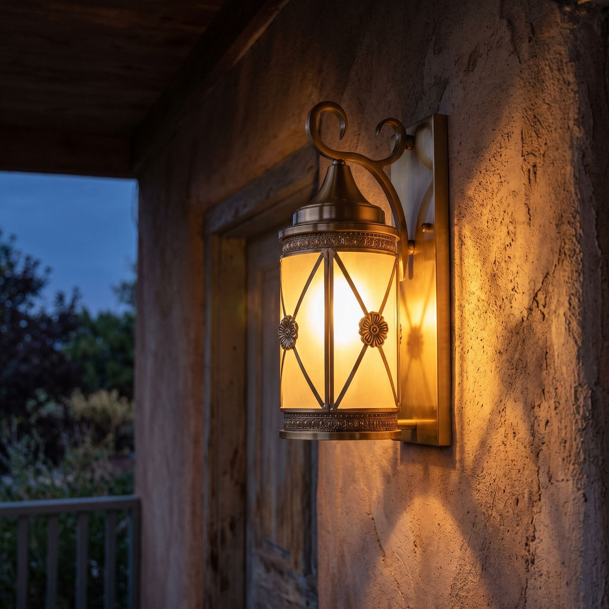 Middle Eastern Style Brass Lantern Outdoor Wall Light on a porch wall at dusk