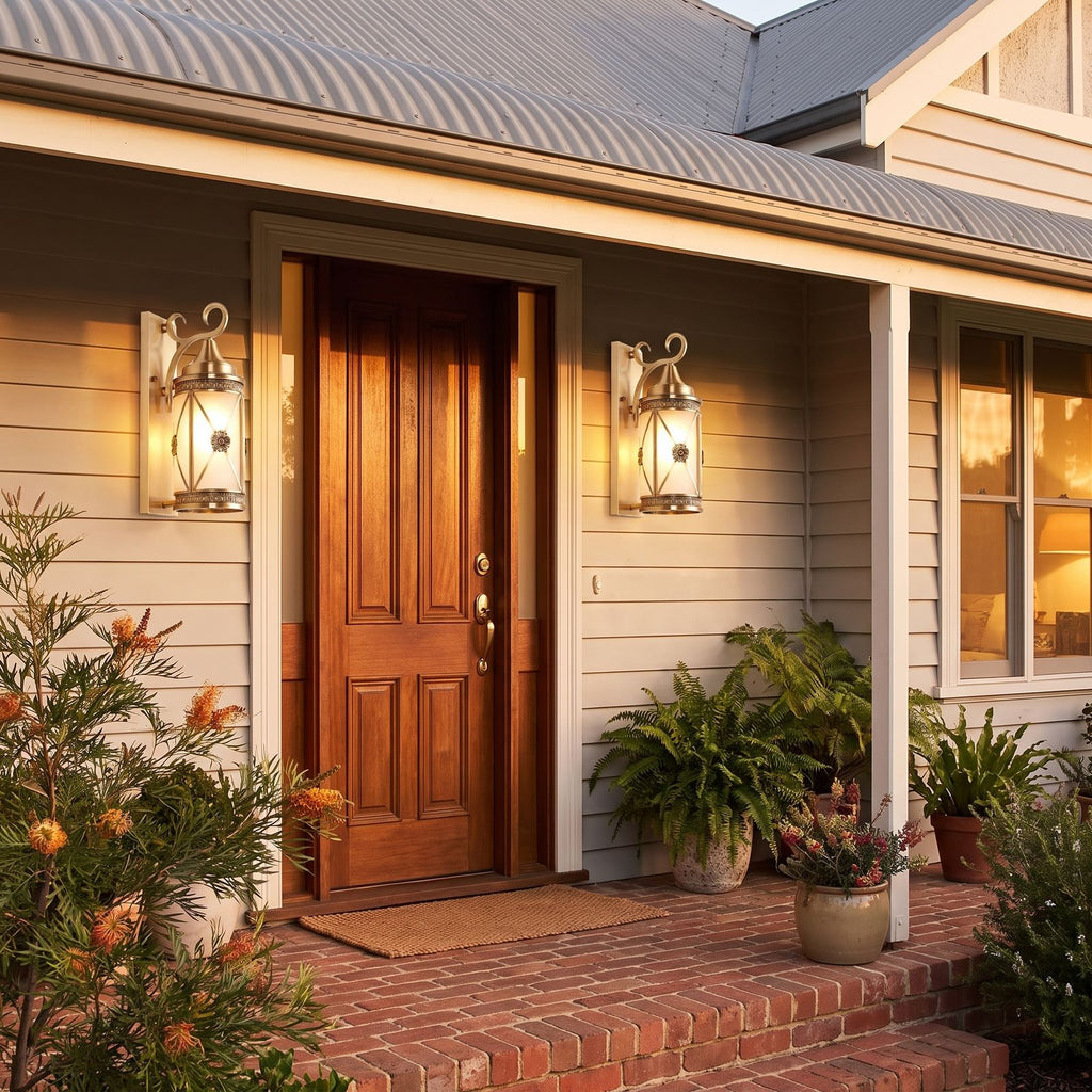 Middle Eastern Style Brass Lantern Outdoor Wall Light in a pair on the facade of an Australian home