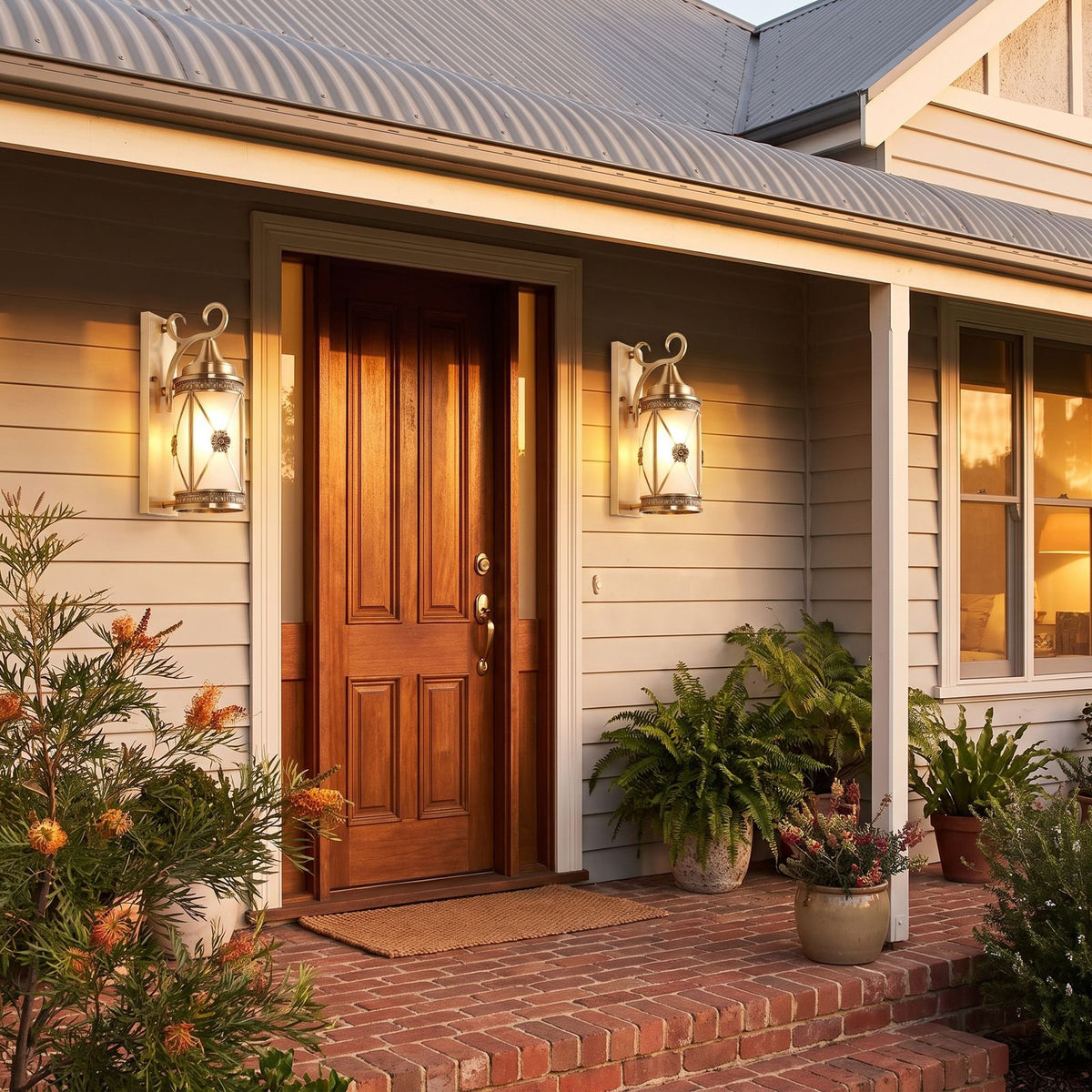 Middle Eastern Style Brass Lantern Outdoor Wall Light in a pair on the facade of an Australian home