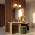 Milky Glass Globe Bar LED Vanity Wall Light above the mirror of a dressing table