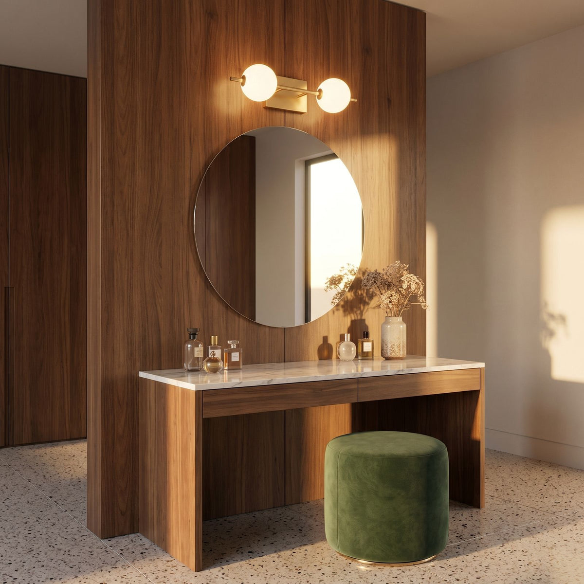 Milky Glass Globe Bar LED Vanity Wall Light above the mirror of a dressing table