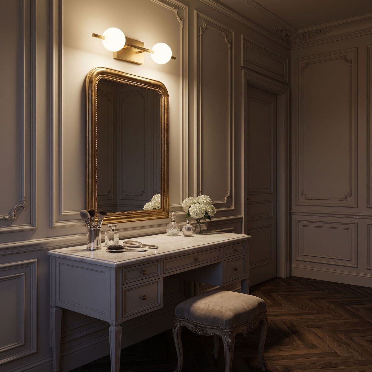Milky Glass Globe Bar LED Vanity Wall Light above the mirror of a makeup table at night
