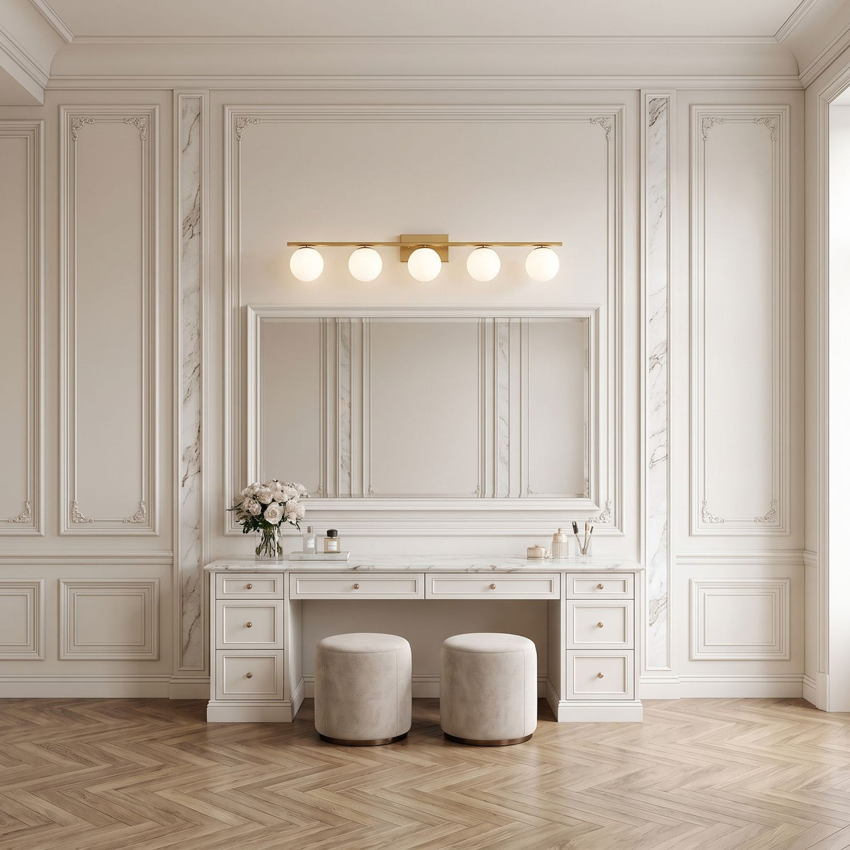 Milky Glass Globe Bar LED Vanity Wall Light with 5 globes above a double dressing table