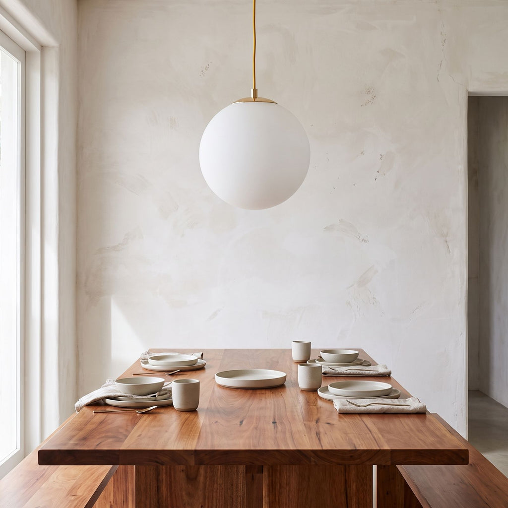 Milky Glass Globe Pendant Light above a timber dining table