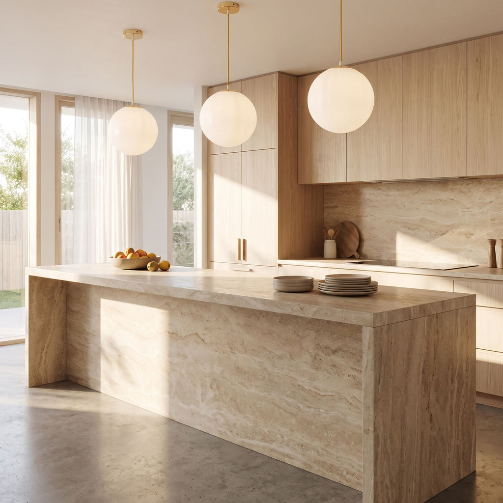 Milky Glass Globe Pendant Light in a row of three over a stone kitchen island