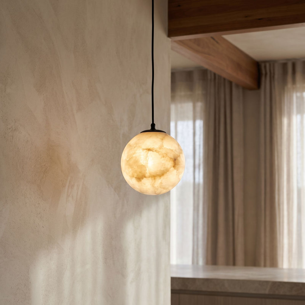 Mini Alabaster Globe LED Pendant Light, close view from below