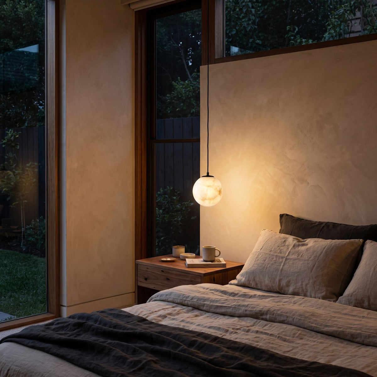 Mini Alabaster Globe LED Pendant Light hanging beside a bed