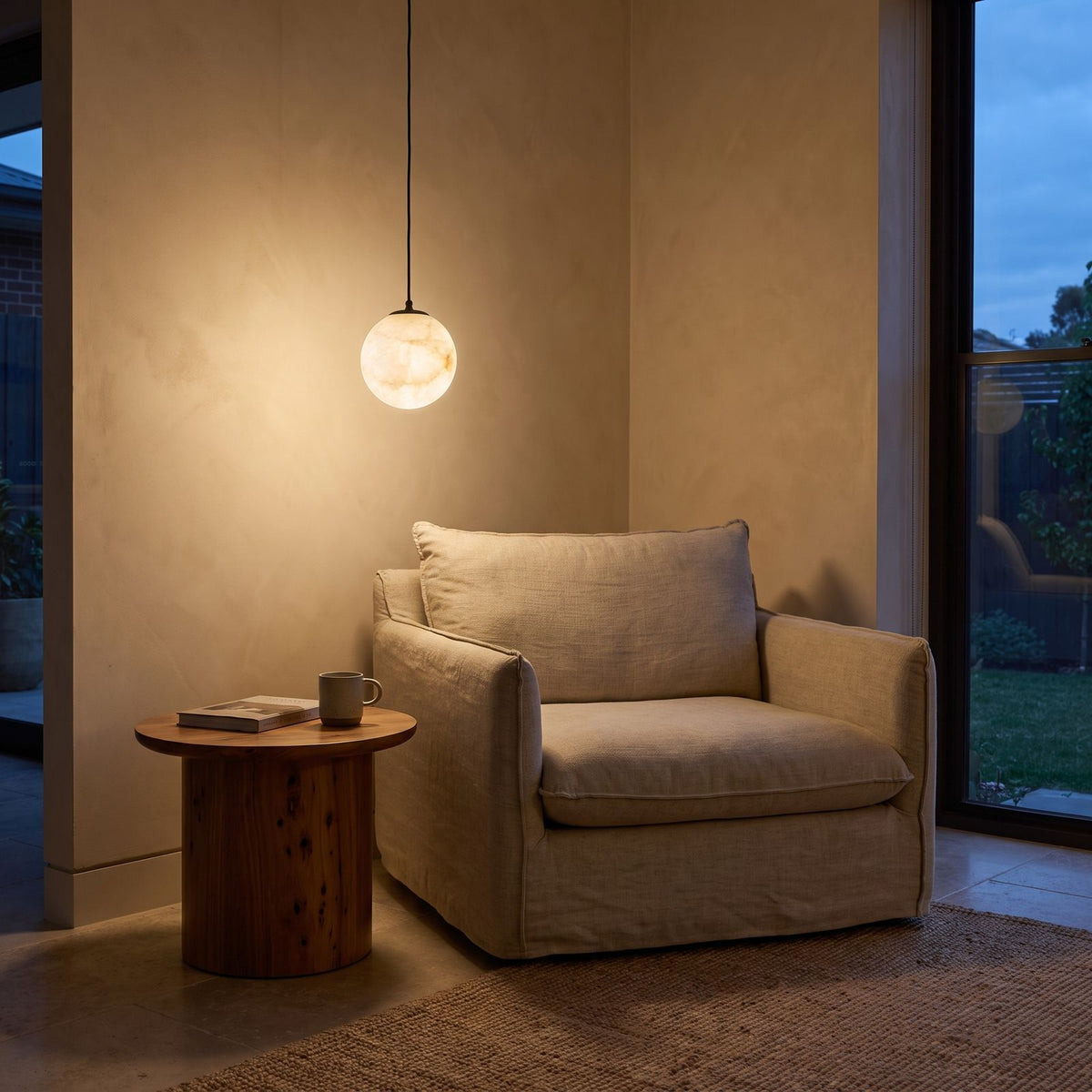 Mini Alabaster Globe LED Pendant Light above an armchair in a reading corner