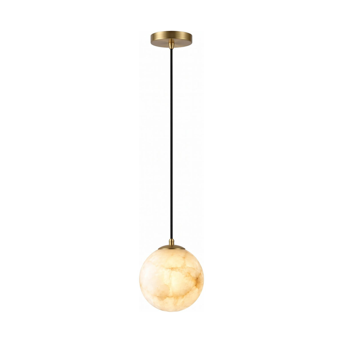 Mini Alabaster Globe LED Pendant Light with brass fittings on a white background