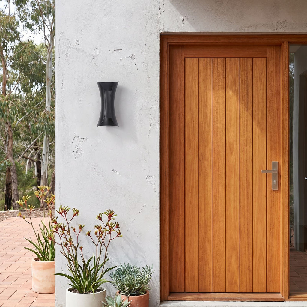 Minimalist Aluminium LED Outdoor Wall Light beside a timber front door