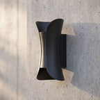 Minimalist Aluminium LED Outdoor Wall Light, close view at 45 degrees on a stone wall