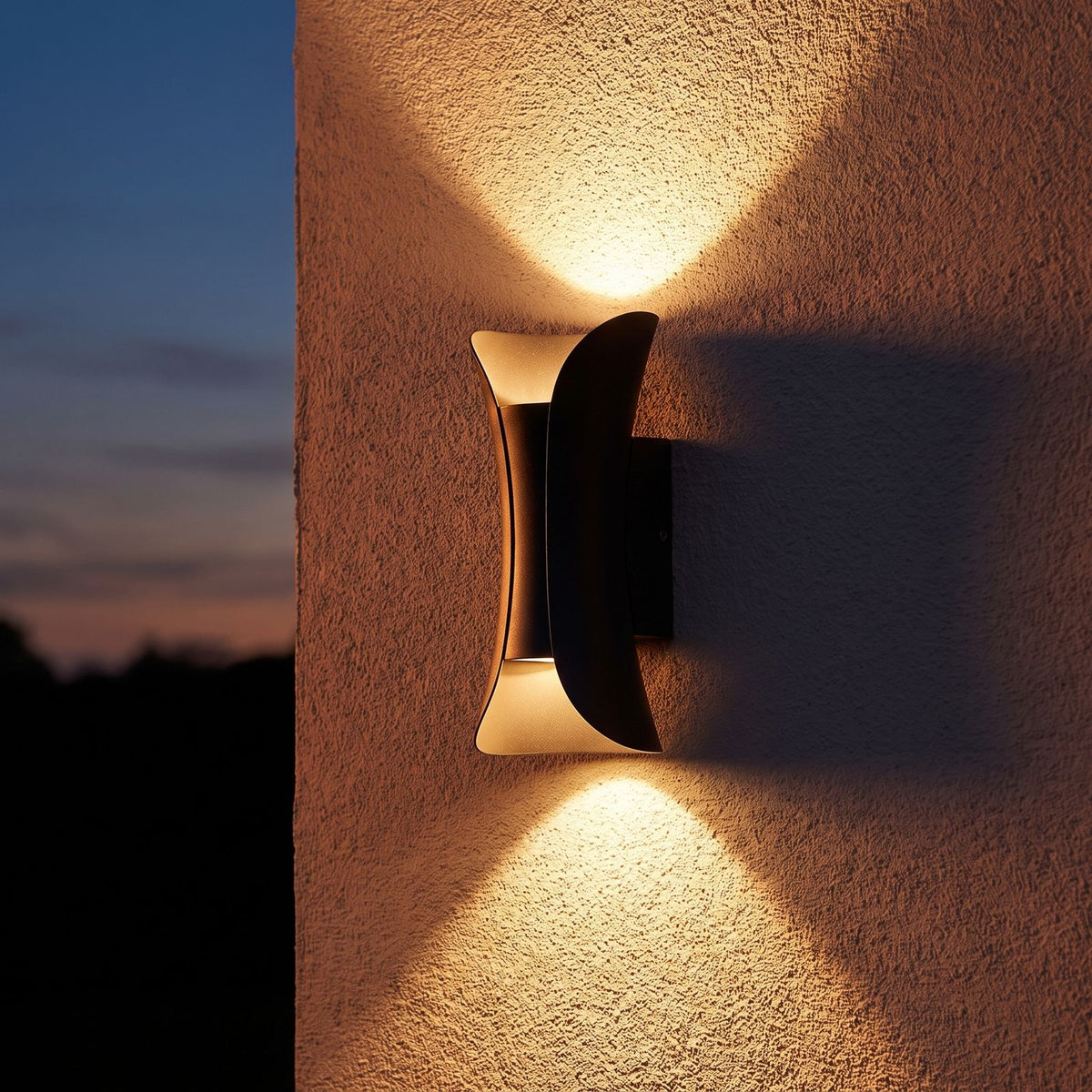 Minimalist Aluminium LED Outdoor Wall Light on a porch wall at dusk