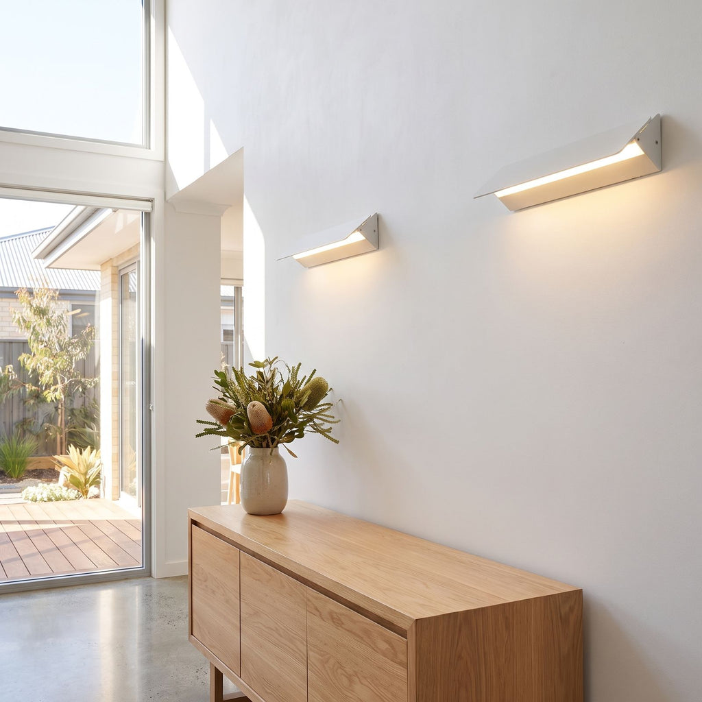 Minimalist White Metal Bar LED Wall Light in a pair on a wall of an Australian home