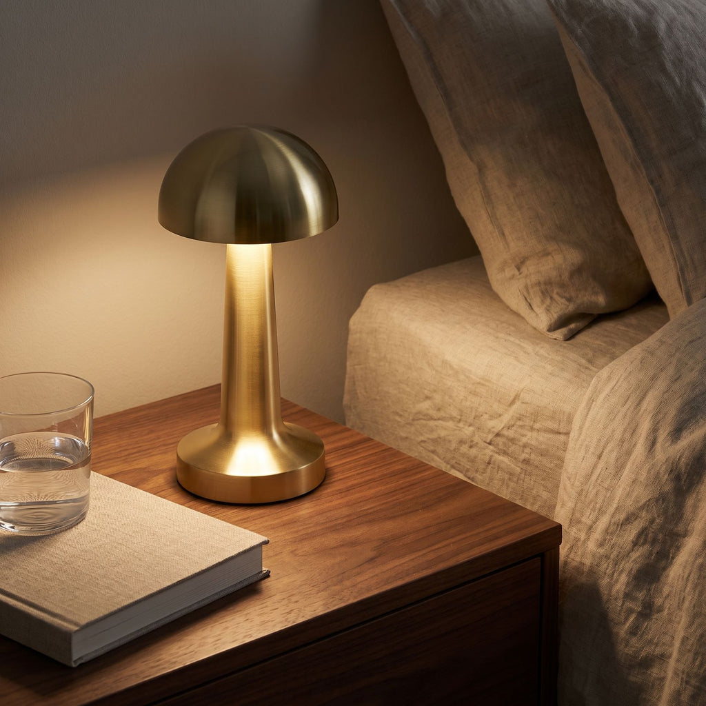 Mushroom Dome Metal Rechargeable Table Lamp on a bedside table