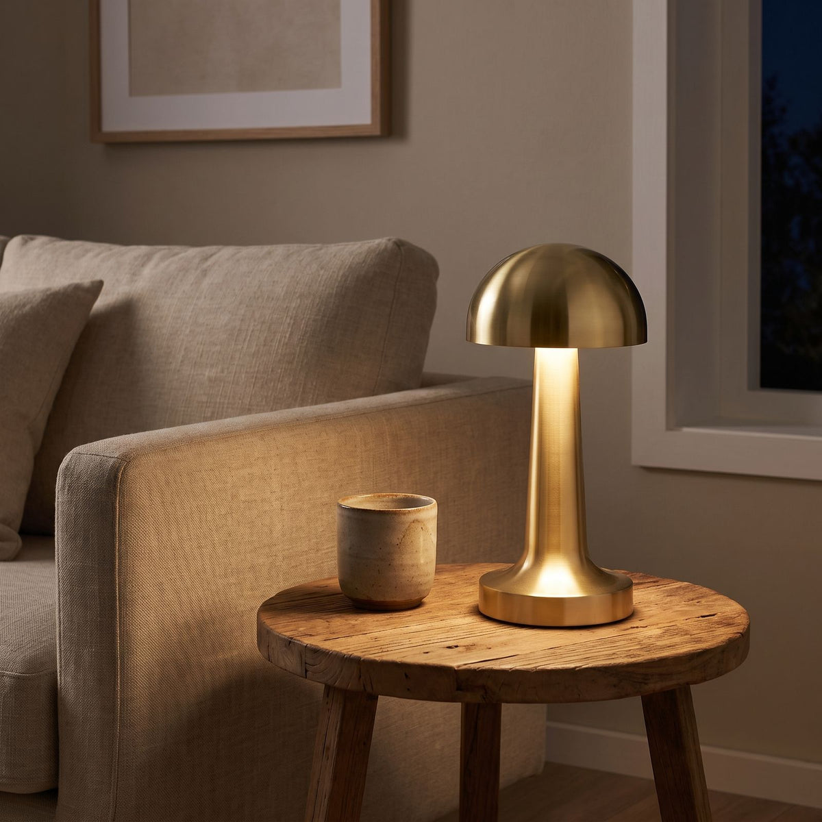 Gold mushroom dome table lamp on a side table beside a sofa