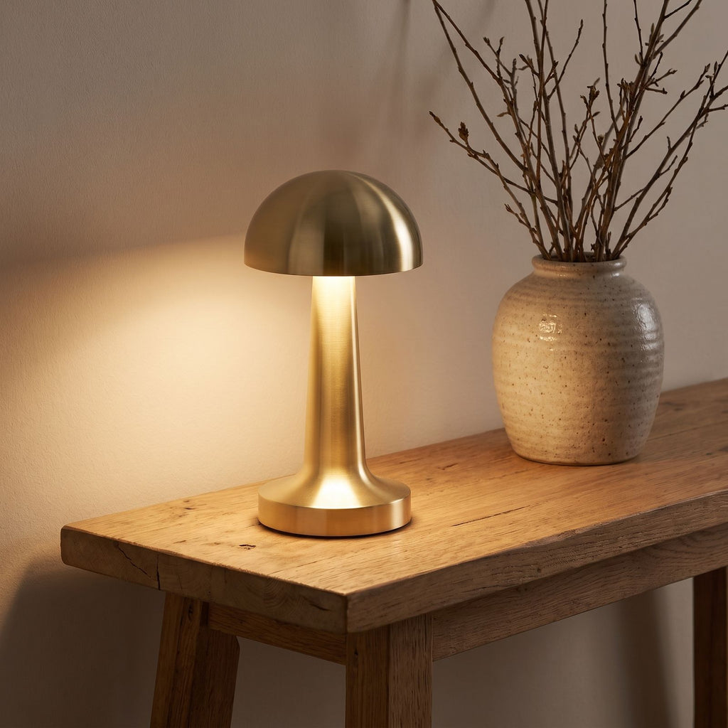 Gold mushroom dome table lamp on an entry console