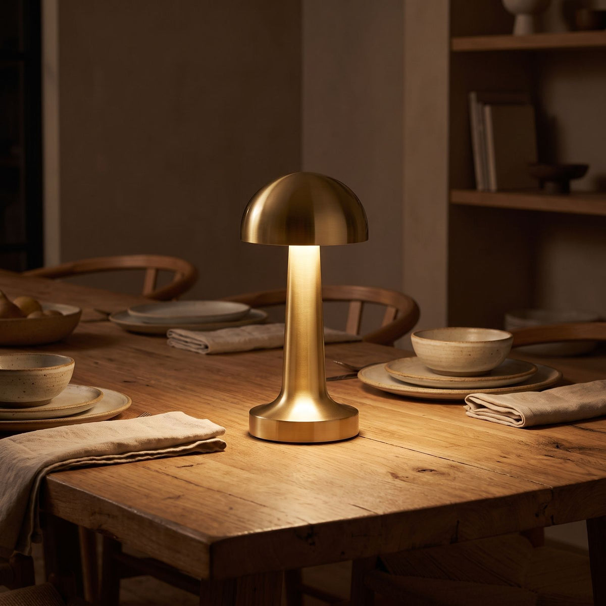 Gold mushroom dome table lamp on a dining table at night