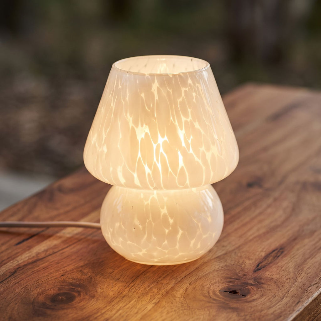 Mushroom Glass Table Lamp, close view on a timber surface