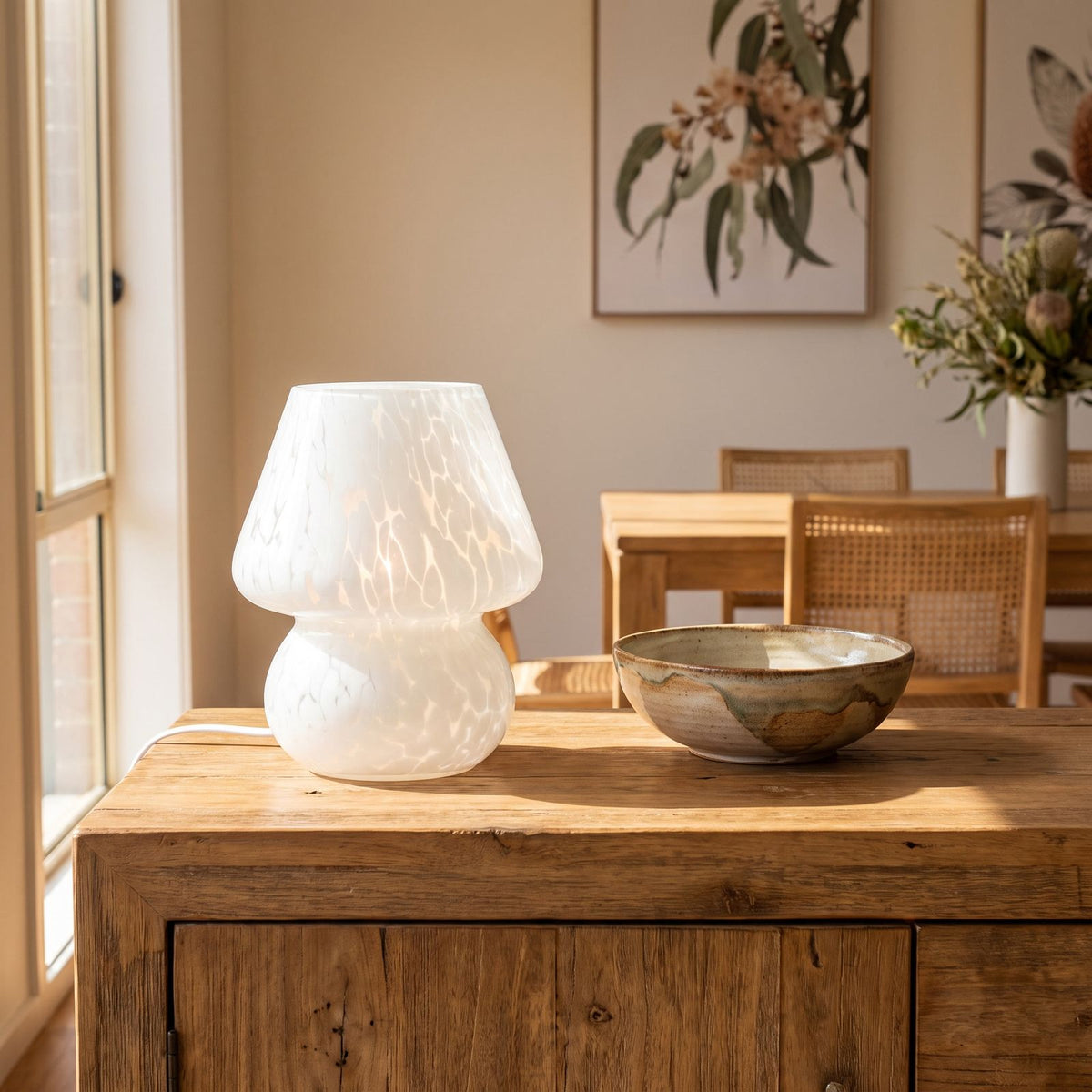 Mushroom Glass Table Lamp on a timber sideboard in a dining room