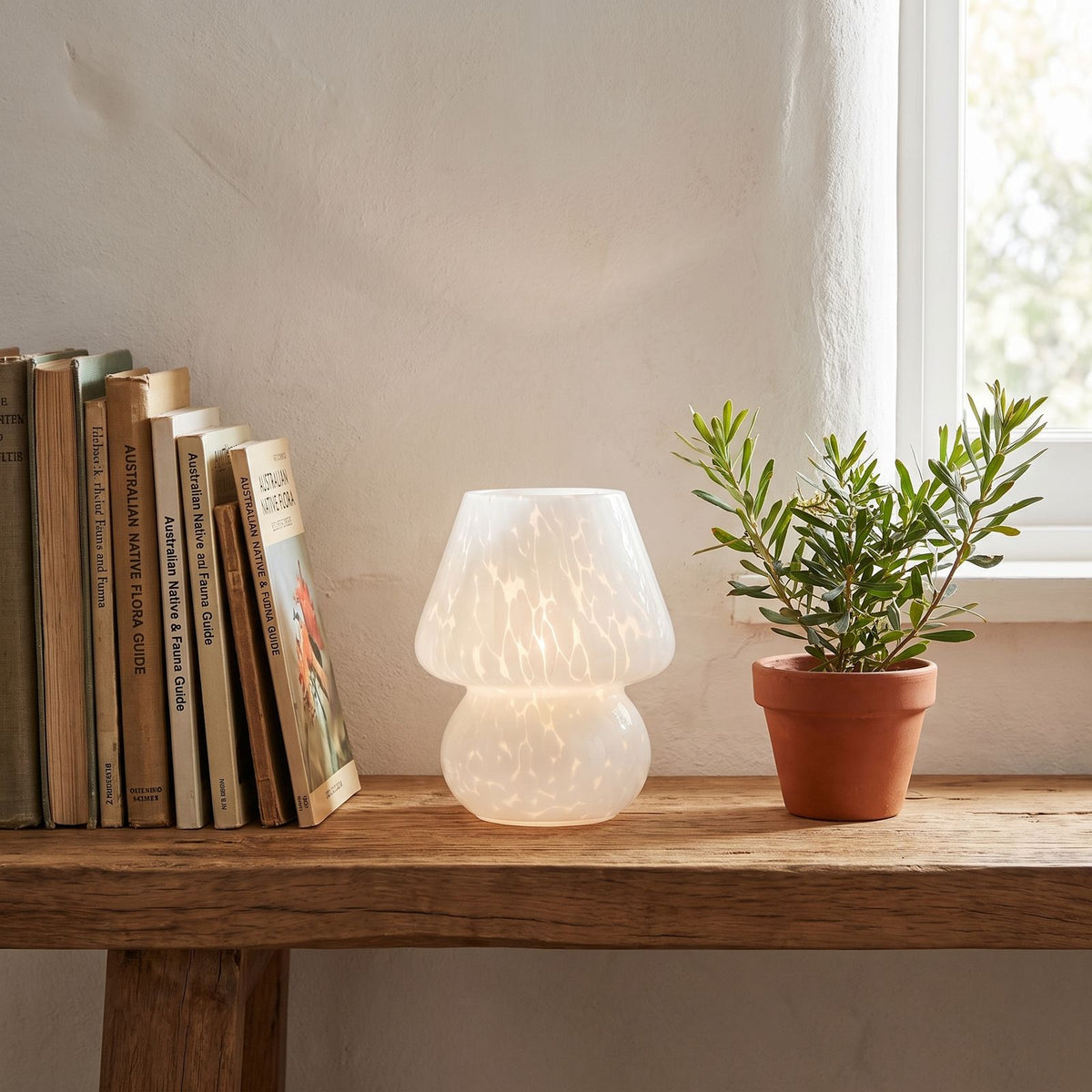 Mushroom Glass Table Lamp on a shelf beside books