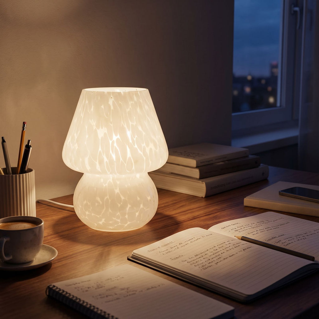 Mushroom Glass Table Lamp on a study desk