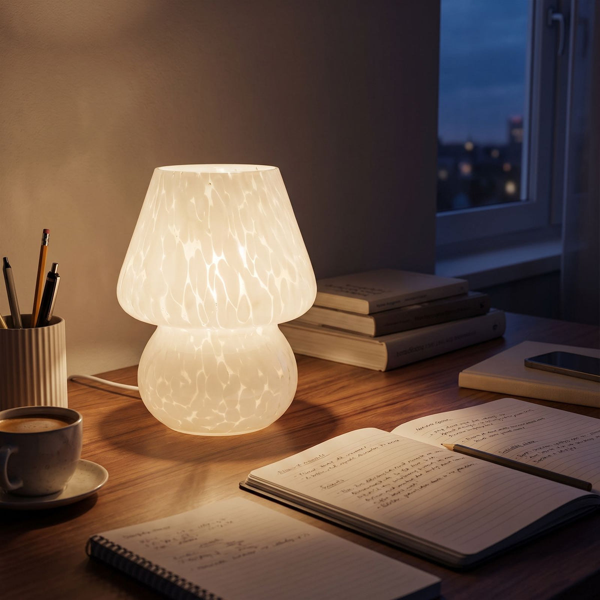 Mushroom Glass Table Lamp on a study desk